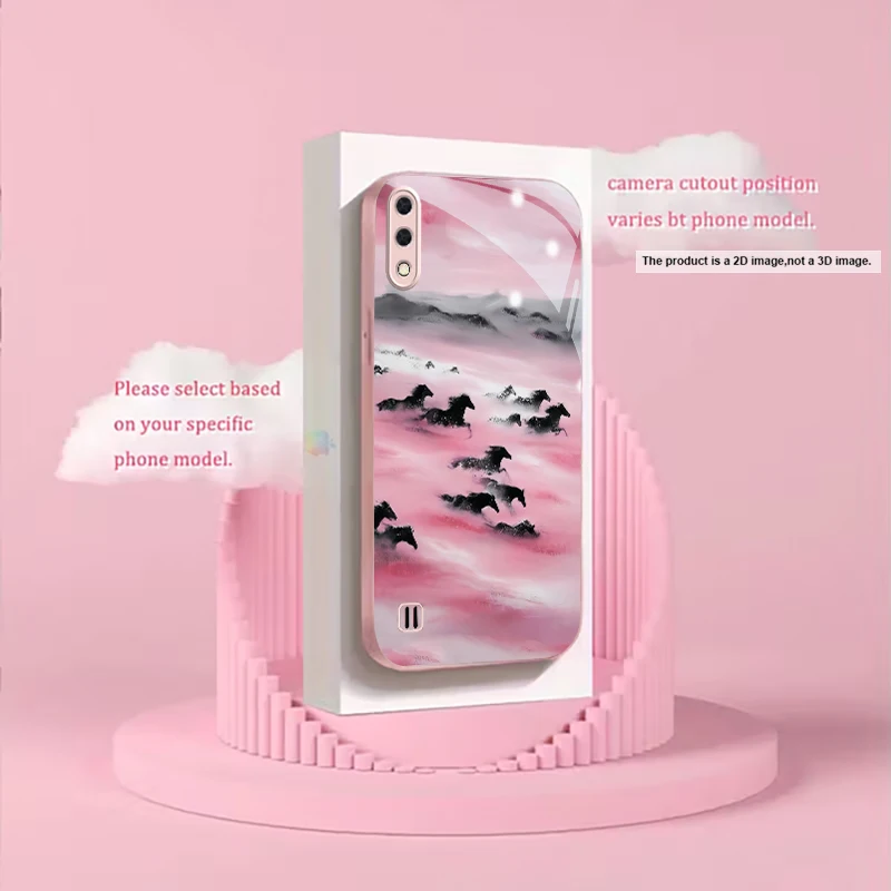 Ink Wash Running Horses Pink Metallic Glass Phone Case For Samsung A01/A02/A03Core/A04/A04e/A05/A05s/A07/A10/A10s/A12/A13 Cover