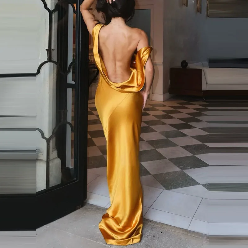 Robe de soirée élégante, coupe basse, sans manches, Sexy, dos nu, ajourée, couleur unie, longue, mode, taille haute, Slim
