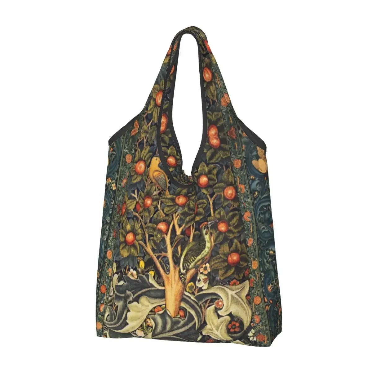 Custom William Morris Woodpecker In Fruit Tree Shopping Bags Portable Grocery Birds Rabbits Floral Shopper Tote Bags