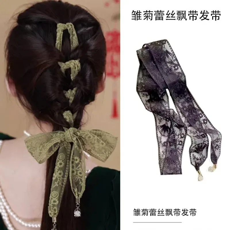 Daisy lace streamer headband small silk scarf bag for Women, Kawaii Aesthetic Hairband Style, Daily Office Party Holiday Gift