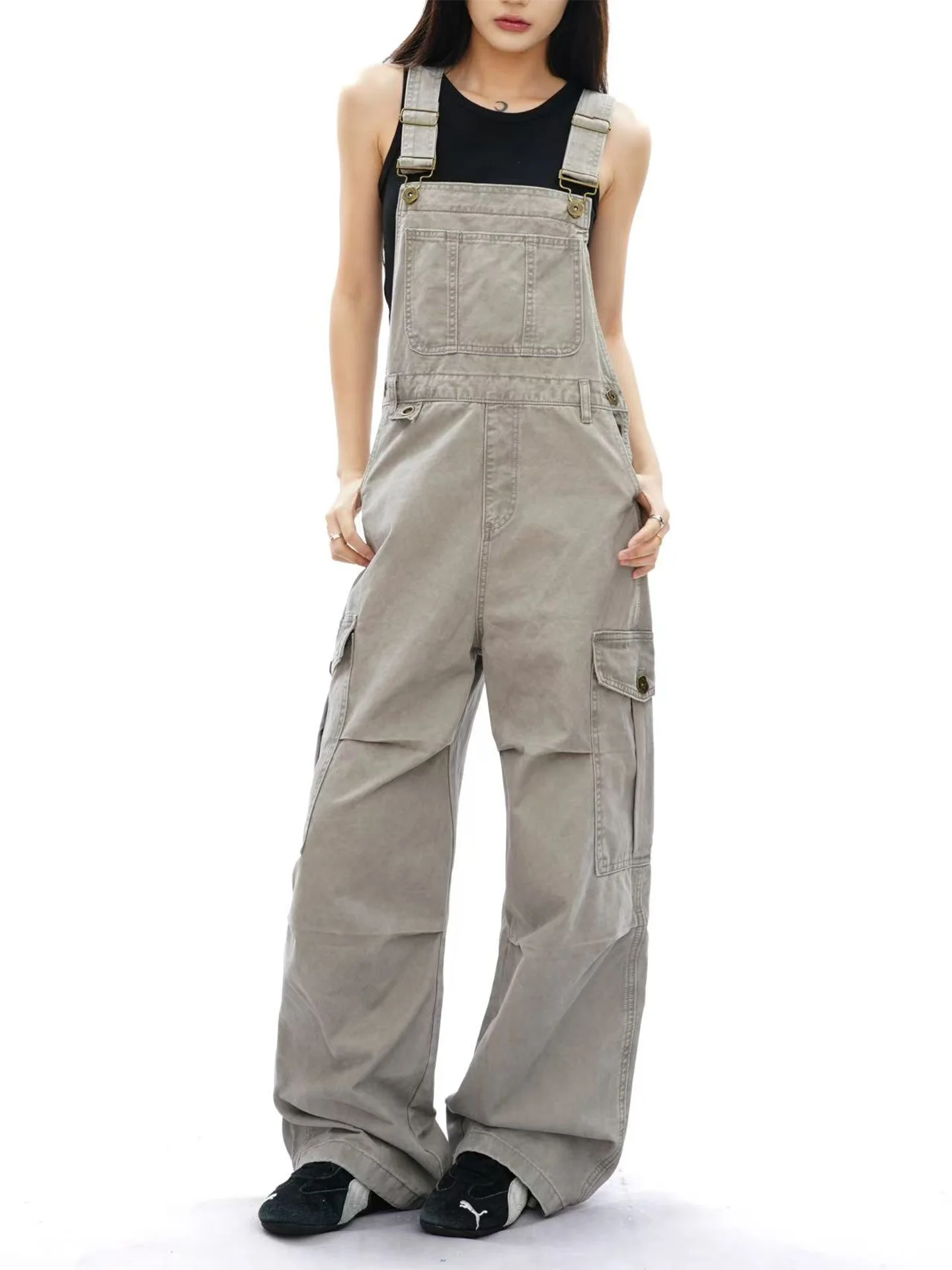 

Комбинезоны в американском стиле с завышенной талией в стиле ретро, мужские и женские свободные прямые брюки, модные длинные брюки с несколькими порами