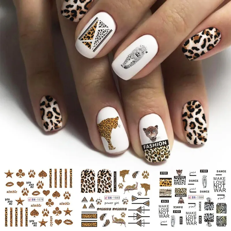 Leopard Print Nail Stickers - Wild Animal Texture with Cute Cow Designs - Nail Watermark Transfer Sliders