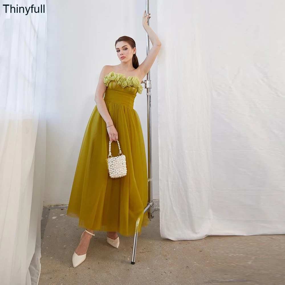 

Thinyfull A-line Tulle Evening Party Dresses Strapless Sleeveless Prom Gown Ankle-length Lace Up Formal Occasion Events Dress