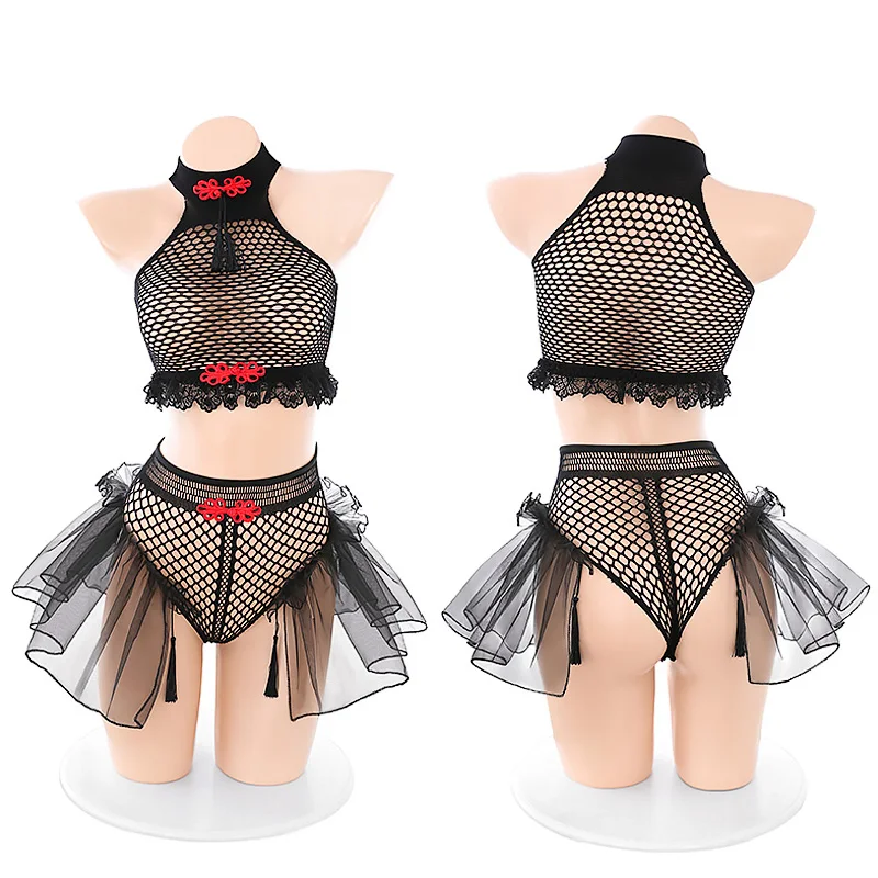 Hot Sexy Fishnet Erotic Lingerie Set Women Porno Costumes Underwear Adult Sex Role Play Outfits Hollow Out Top Skirt Suit