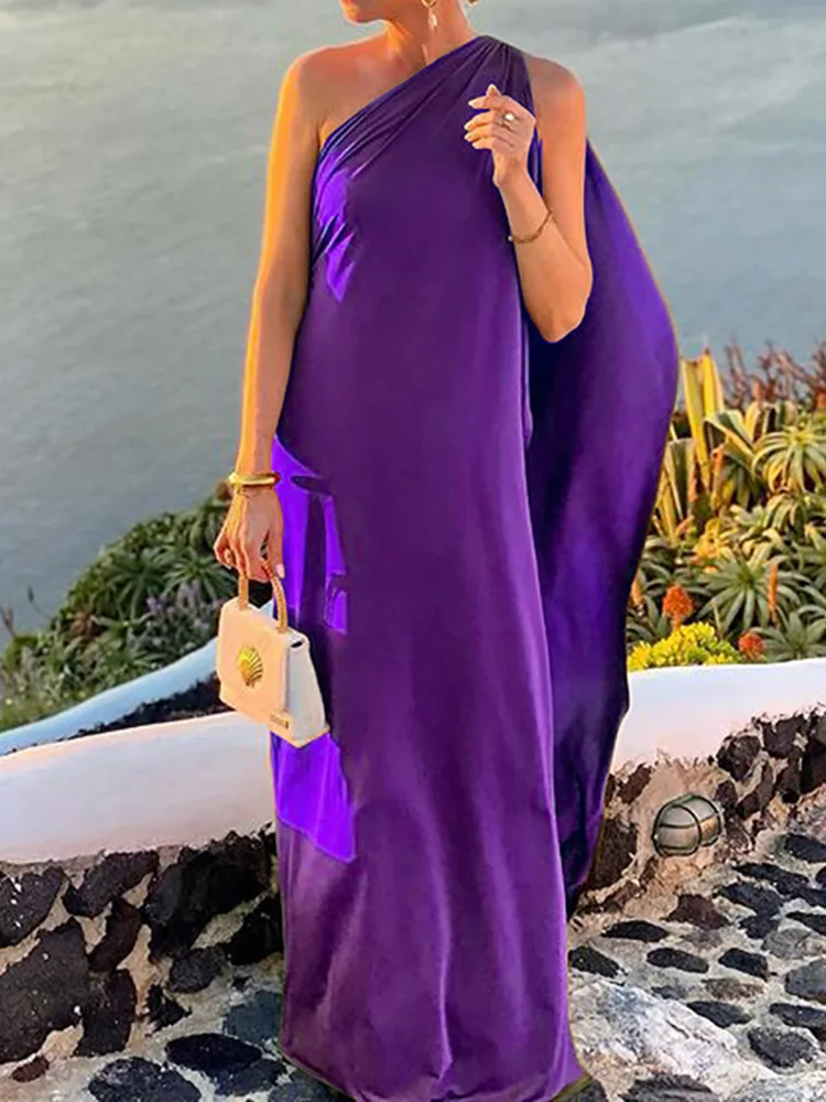 Sleeveless Patchwork Fashion Maxi Dress, Women Summer Diagonal Collar Elegant Party Dress, 2025 One Shoulder Simple Ladies Dress