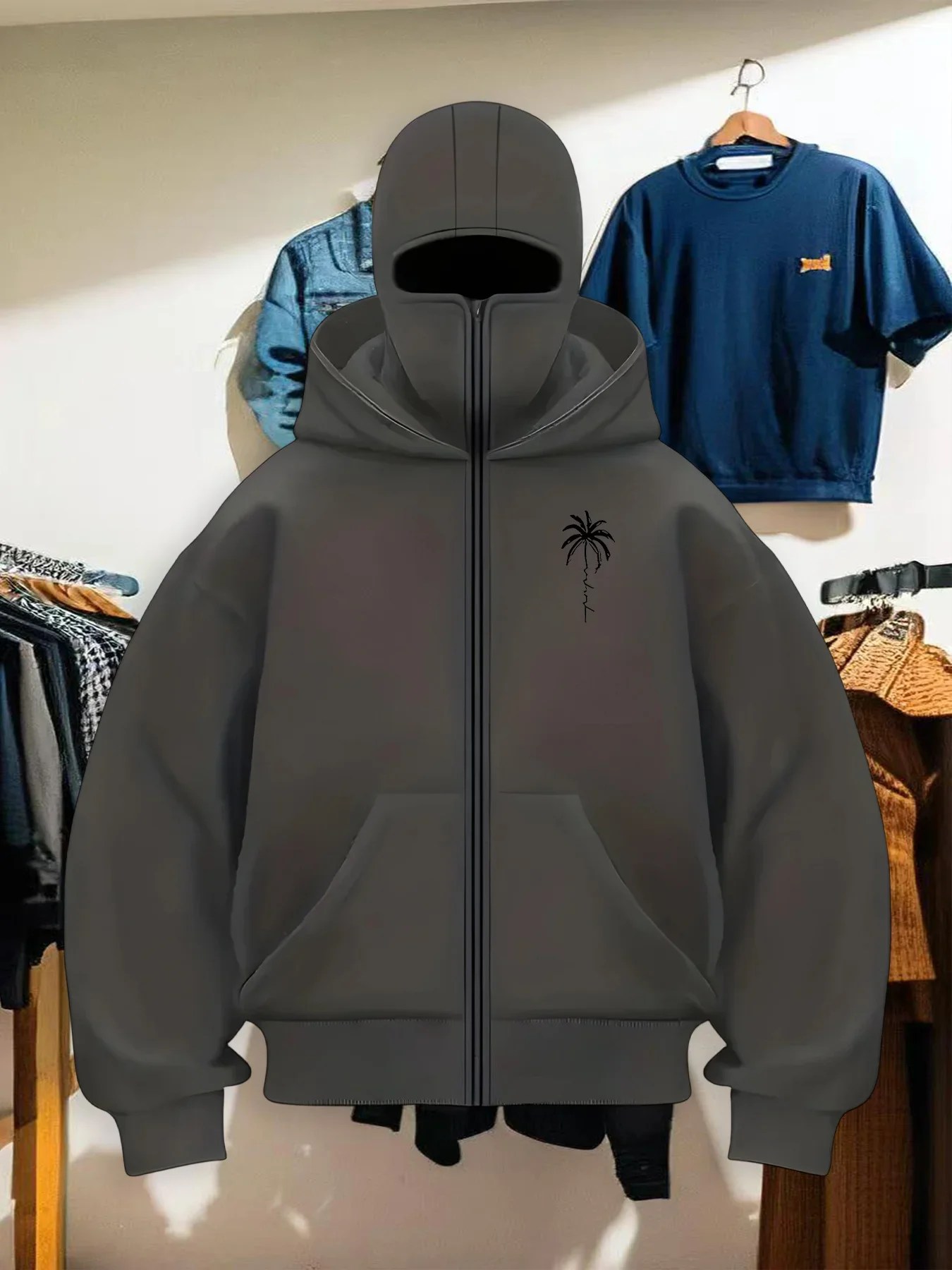 2026 new hooded pullover zipper for men and women in autumn and winter, featuring a vacation style coconut tree pattern print