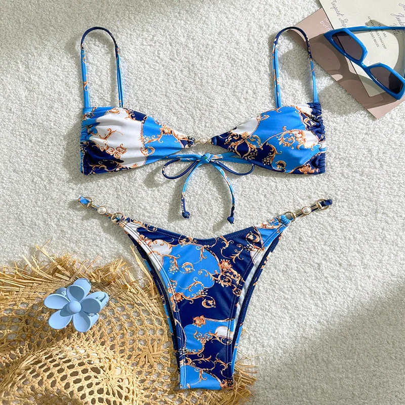 Conjunto de bikini bandeau con estampado azul vintage, traje de baño de dos piezas con Tanga y lazo, traje de baño, trajes de playa, bikini tankini
