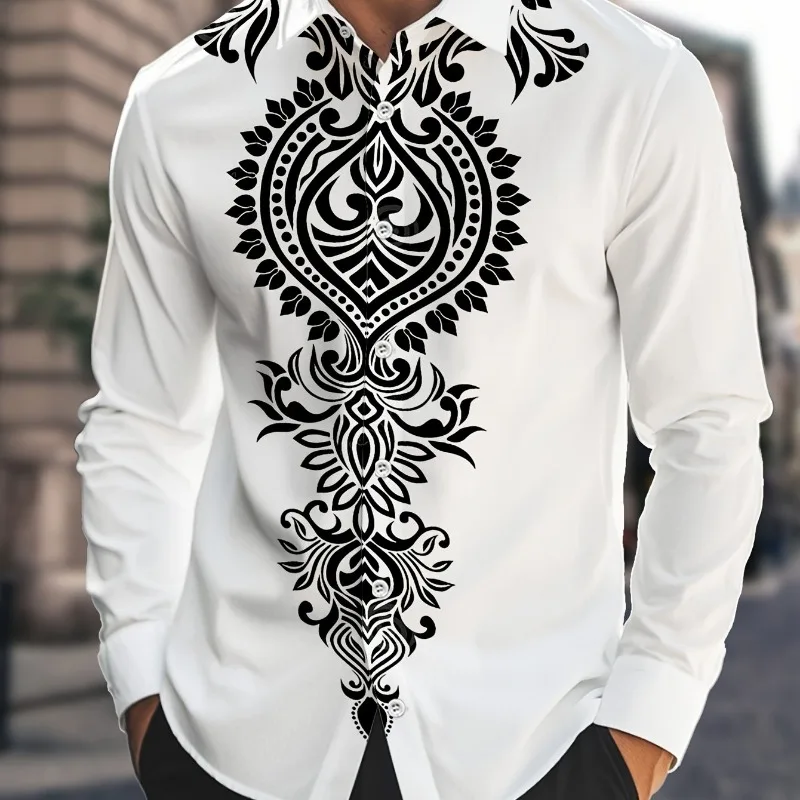 Men's white ethnic style printed long-sleeved shirt print regular buttons four-season casual and formal elegant shirt