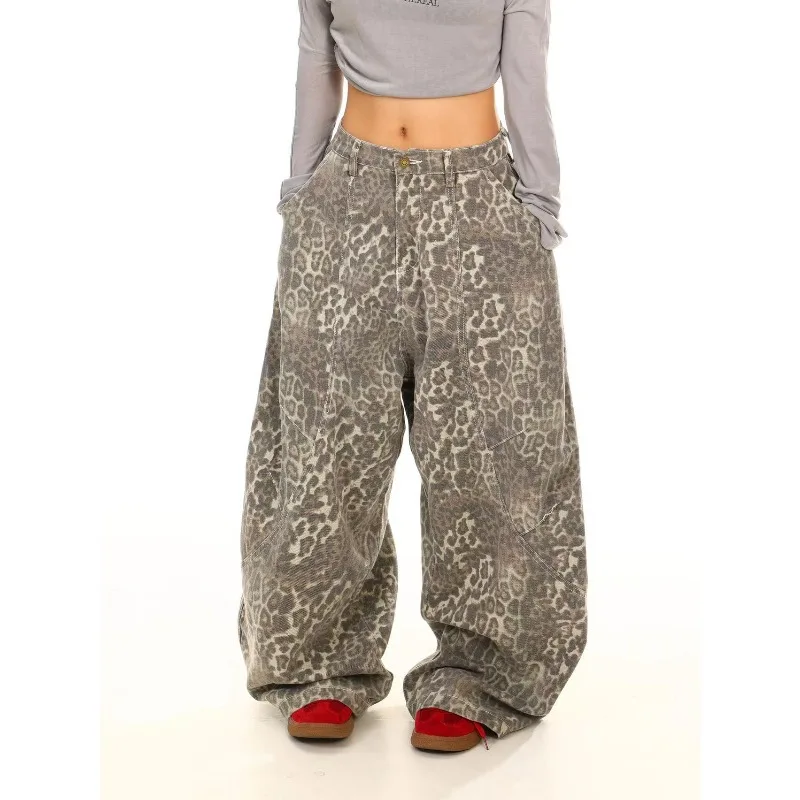 Luipaardprintbroek Dames Herfst Nieuwe High Street Design Losse dunne rechte wijde broek Retro grote zak Scimitar Jeans