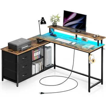 引き出し付きのリバーシブルコンピュータデスク,LEDライトと充電ポート付きのゲームデスク,収納棚付きのコーナーデスク