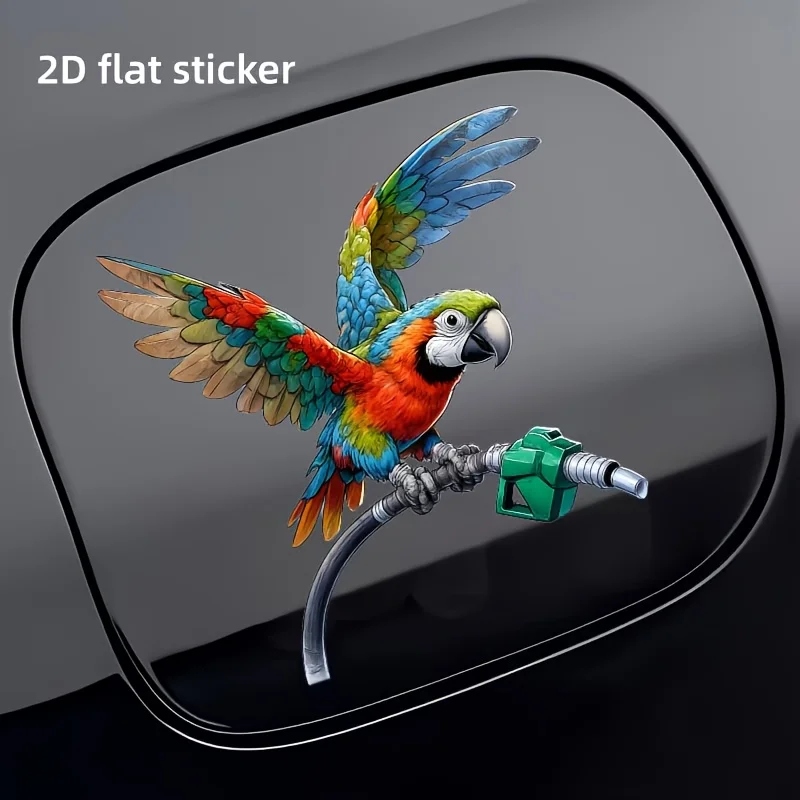 2D Flat Colorful Parrot Sticker, Parrot Perched on Green Fuel Nozzle Design, Waterproof Vinyl Car Fuel Tank Cap Decal, Auto