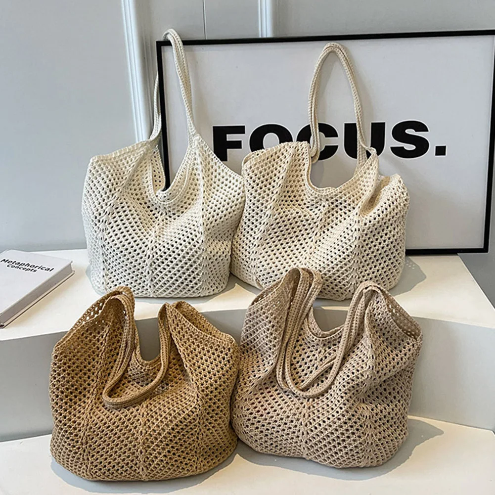 Women Hollow Summer Bag Solid Color Aesthetic Hobo Bag Large Capacity Knitted Tote Handbag Ladies Daily Handbag