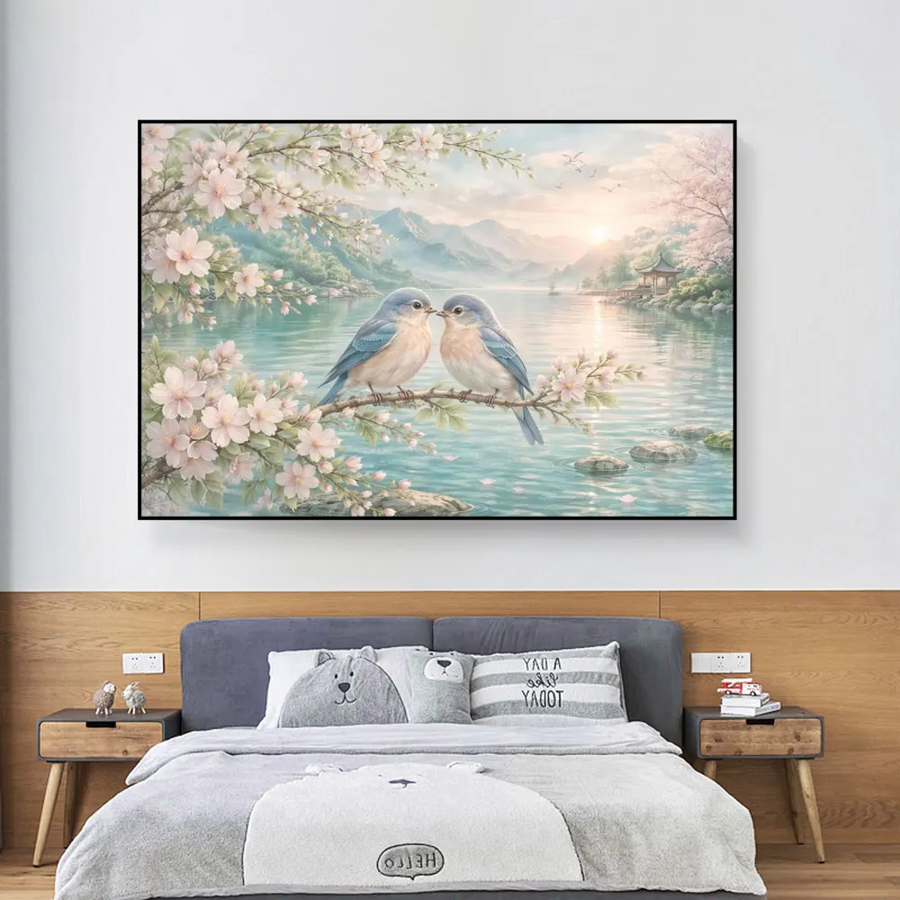 Romantic Blue Birds Cherry Blossom Landscape Canvas Painting - Modern Watercolor Spring Lake Mountain Wall Art Poster Home Decor