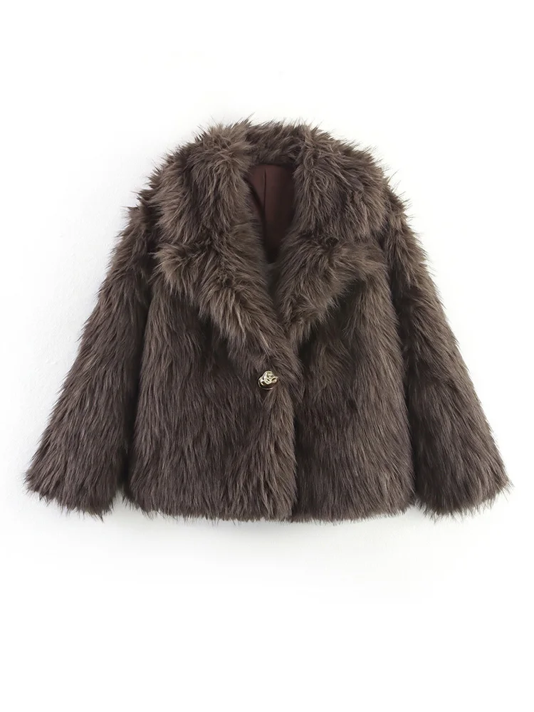 HH Women Winter Warm Coat Long Sleeves Lapel One Button Loose Jacket Faux Fur Effect Casual Female Fashion Solid Street Coat