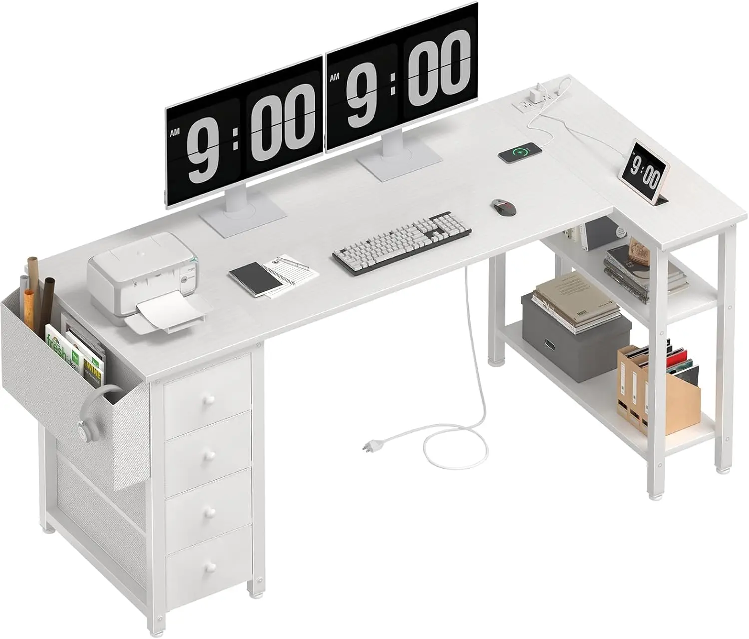 

White L Shaped Computer Desk with Drawers & Storage Shelves, 63 Inch Reversible Corner Desk Power Outlet for Home Office Bedroom