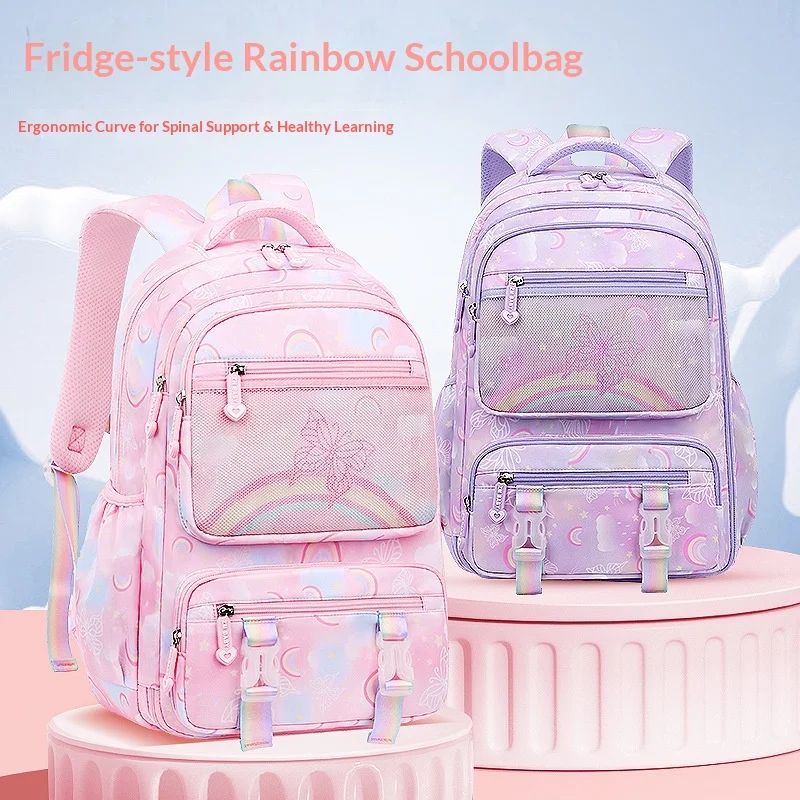 子供用バックパック-女の子用-レインボーバタフライ-子供用ブックバッグ-スクールバッグ-小学校用バックパック-旅行用-防水-mochilas