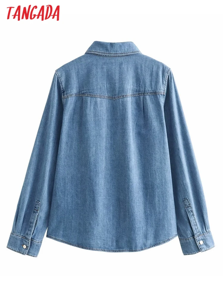 Tangada 2023 Women Blue Denim Blouse Long Sleeve Chic Female Lady Fit Shirt Tops 4M102