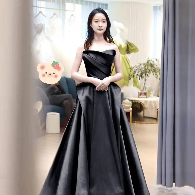 Black Strapless Sleeveless Satin One Shoulder Evening Dress New Item Niche Annual Meeting Art Exam Dress Host High Waisted Dress - Image 5