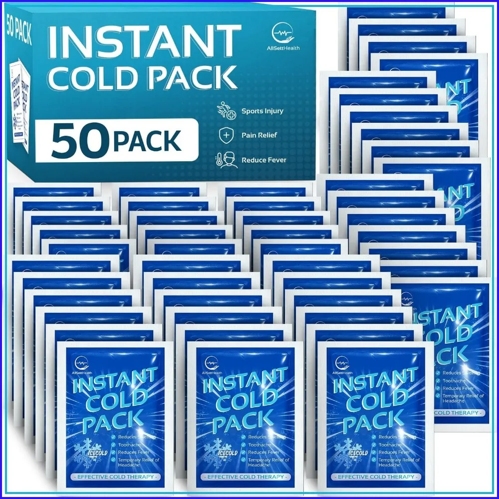 

Instant Ice Packs 50 Pack - No Freezer Needed, Cold Compress for Injuries, Pain Relief, First Aid Essential