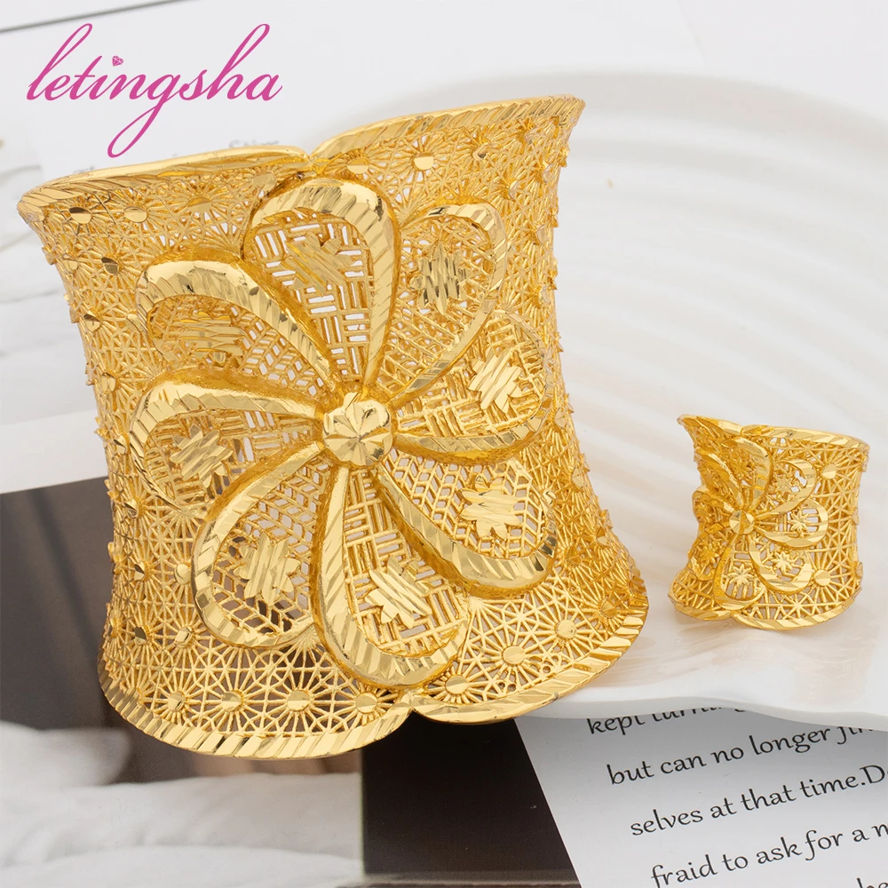 Hohles Modisches Goldfarbenes Manschettenarmband, Ring, Kupferlegierung, Vergoldeter Schmuckset, Armreif für Damen, Täglicher Gebrauch, Party, Hochzeitsgeschenke – Detail 9