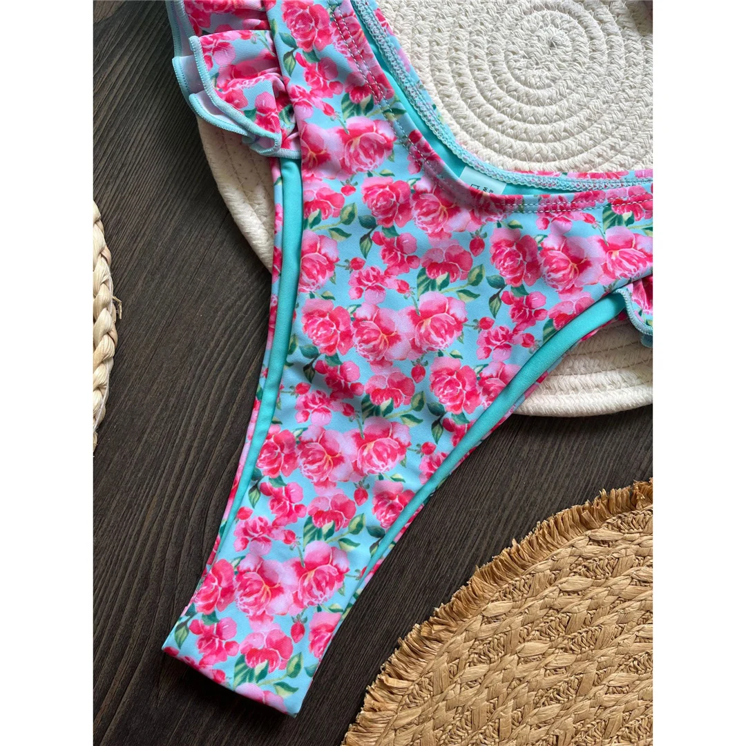 Sexy Blumenmuster, Rüschen-Bikini, Damen-Badeanzug, zweiteiliges Bikini-Set, Badebekleidung, Badeanzug, Modell V6044. – Detail 10