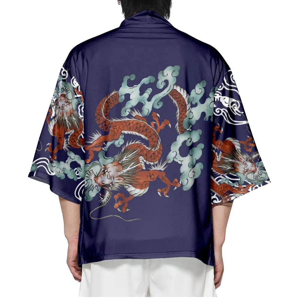 

Japanese Yukata Samurai Kimono Dragon Print Shirt Clothing Harajuku Cardigan Men Traditional Haori Kimono