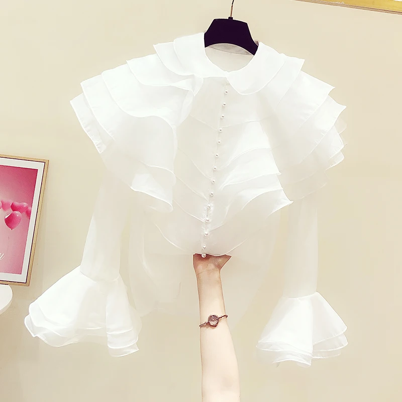 

Spring and Autumn New French Super Fairy Layer Ruffled Organza Shirt Women's See-through Western Style Small Bell Sleeve