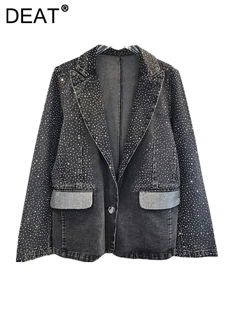 

DEAT Women's Denim Blazer Notched Collar Washed Black Full Diamonds Single Button Elegant Suit Jackets 2024 Autumn New Fashion