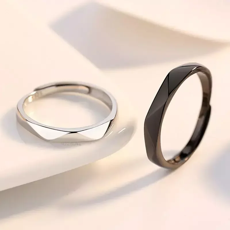 Fashion Simple Couple Ring Black White Lozenge Rings Adjustable Open Jewelry for Women Men Valentine\'s Wedding Anniversary Gifts