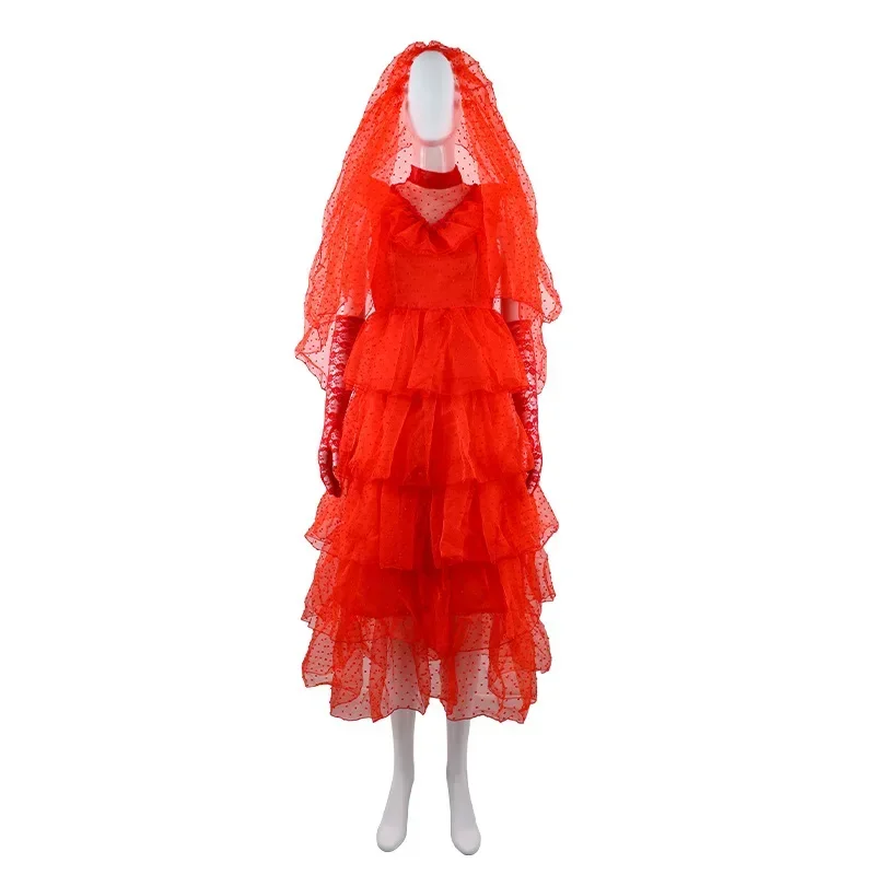 Movie Bride Lydia Deetz Cosplay Costume Adult Women Red Gothic Wedding Dress Suit Halloween Party Uniform Outfit Carnival