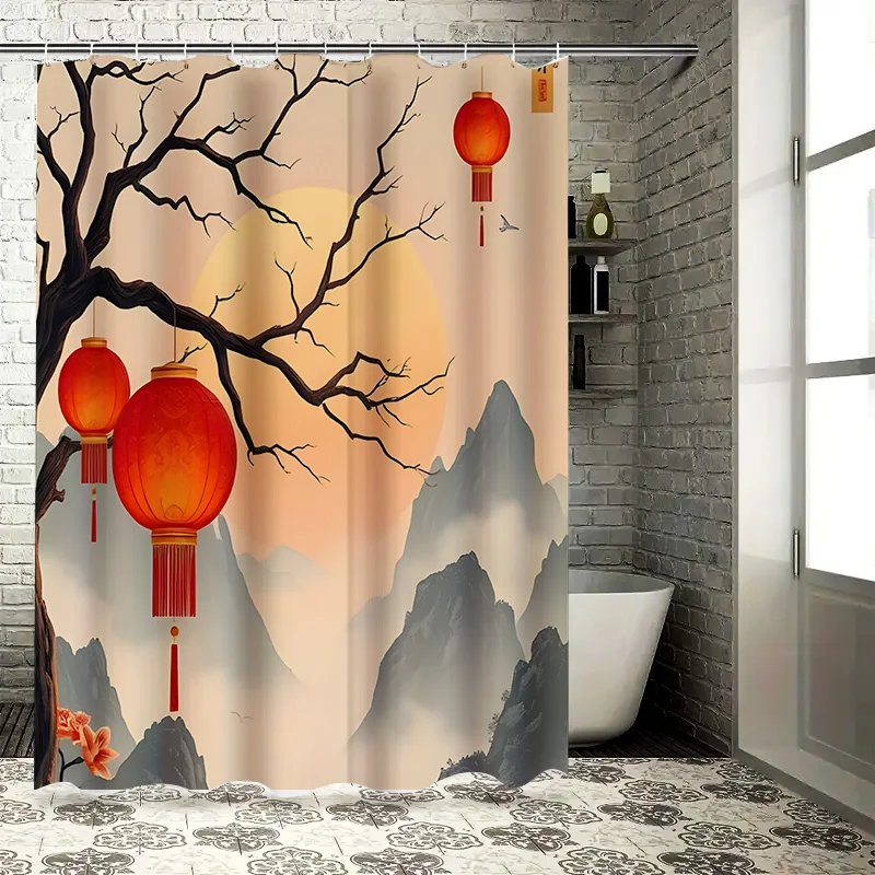 Elegant Chinese Style Shower Curtain with Red Lanterns and Mountain Landscape Design - Waterproof and Durable Home Decor