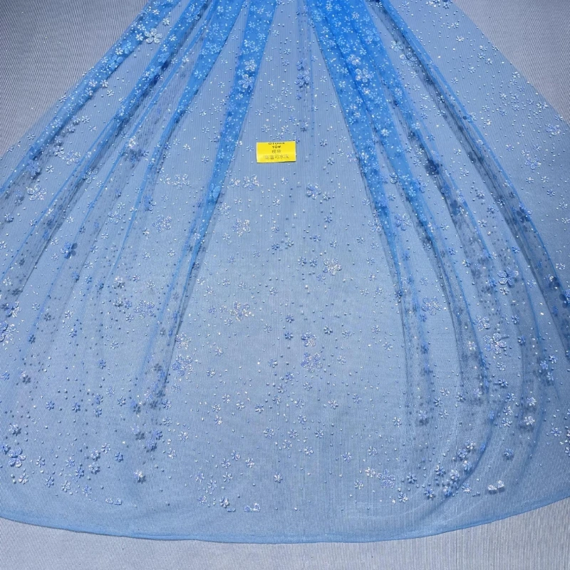 

10 ярдов синей ткани с блестками в африканском стиле, модный дизайн, вышитая сетчатая ткань с приклеенными блестками и пайетками для свадебных или праздничных платьев.