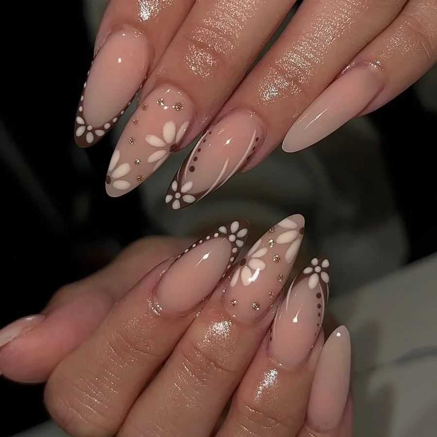 

24pcs Brown French Long Fake Nails Flower Almond False Nail with Shiny Powder Design Press on Nails Sets Finished Manicure Tips