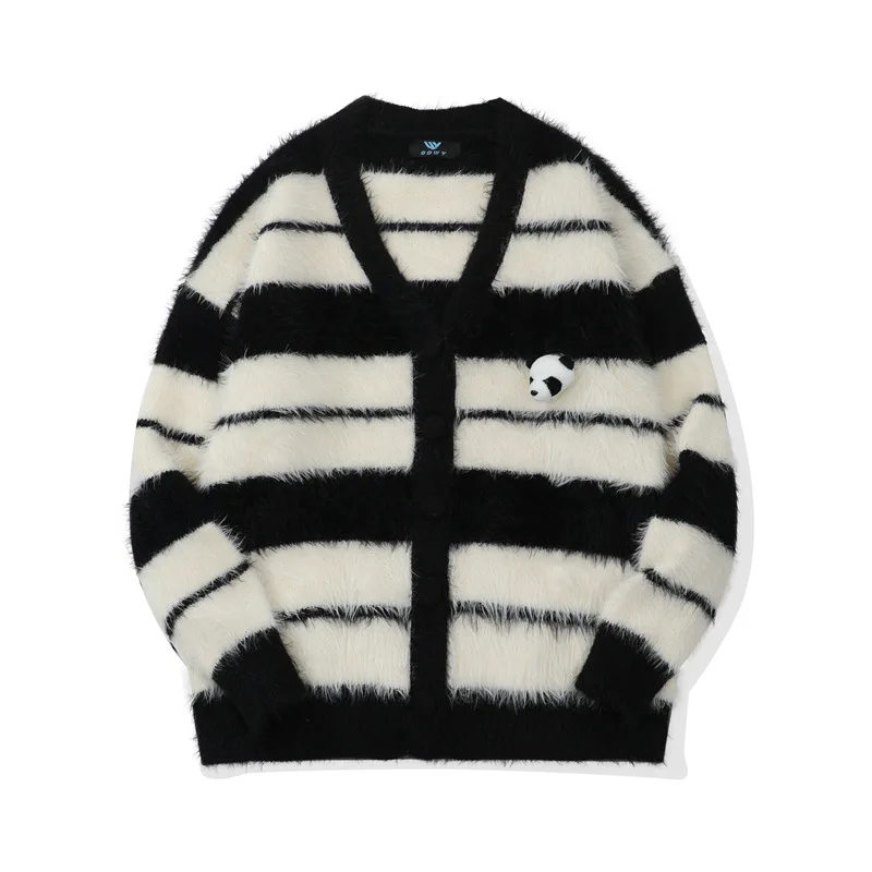 

Panda Striped Loose Sweater Women Spring Autumn V-Neck Single Breasted Long Sleeves Cardigans Sweet Lovely Knitwear