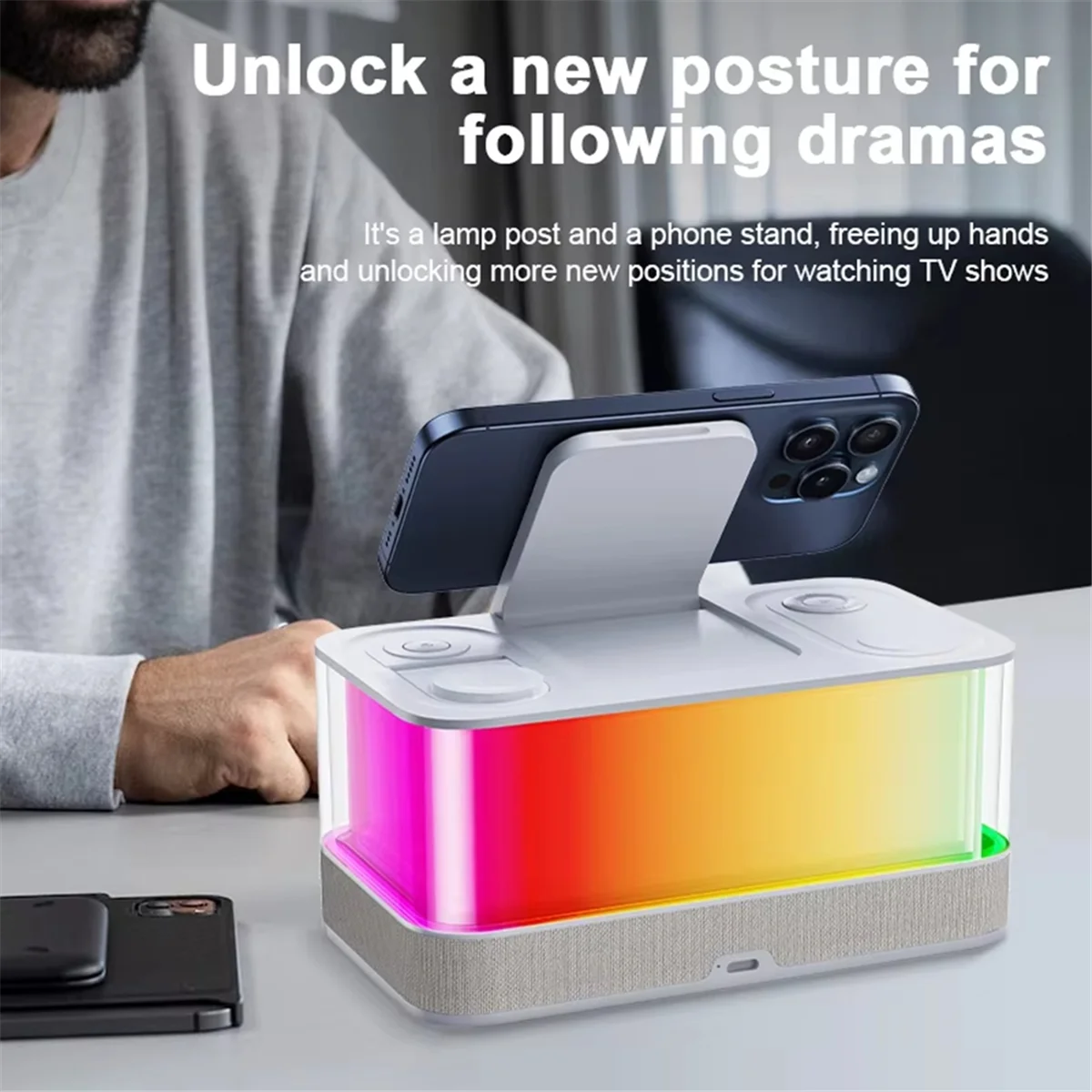 

2025 New- Multifunction Wireless Charger Pad Stand Speaker RGB Night Light 15W Fast Charging Station with Clock