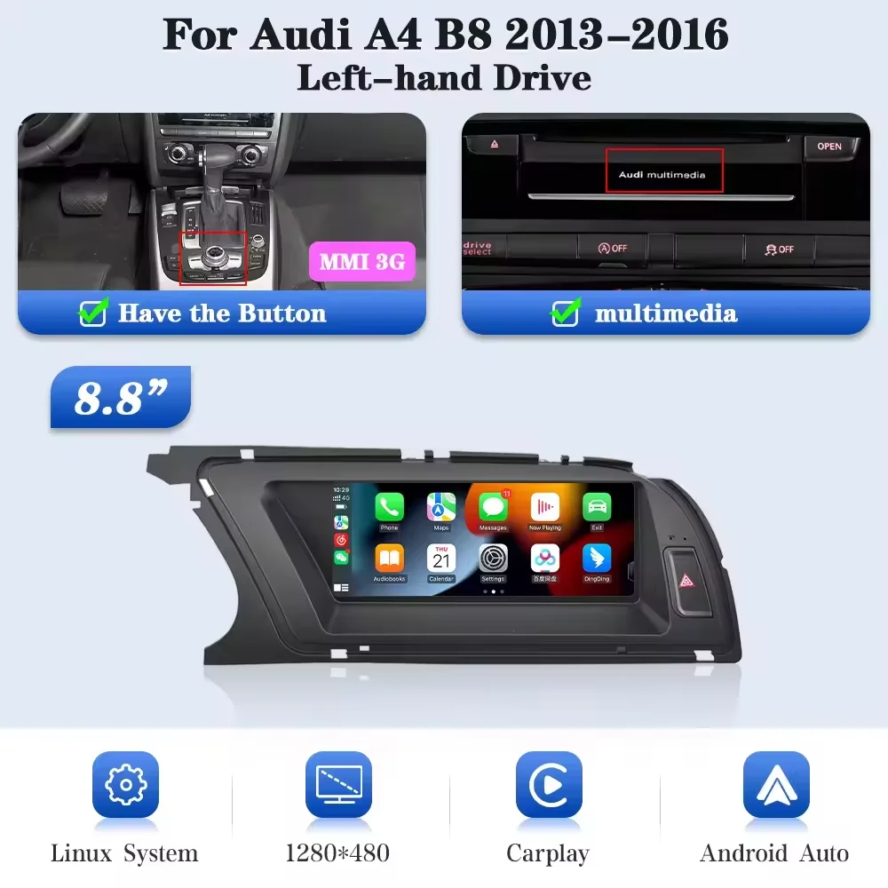 8,8 inch draadloze CarPlay Android Auto Linux autoradio voor Audi A4 A4L B8 2013 2014 2015 2016 touchscreen BT multimediasysteem