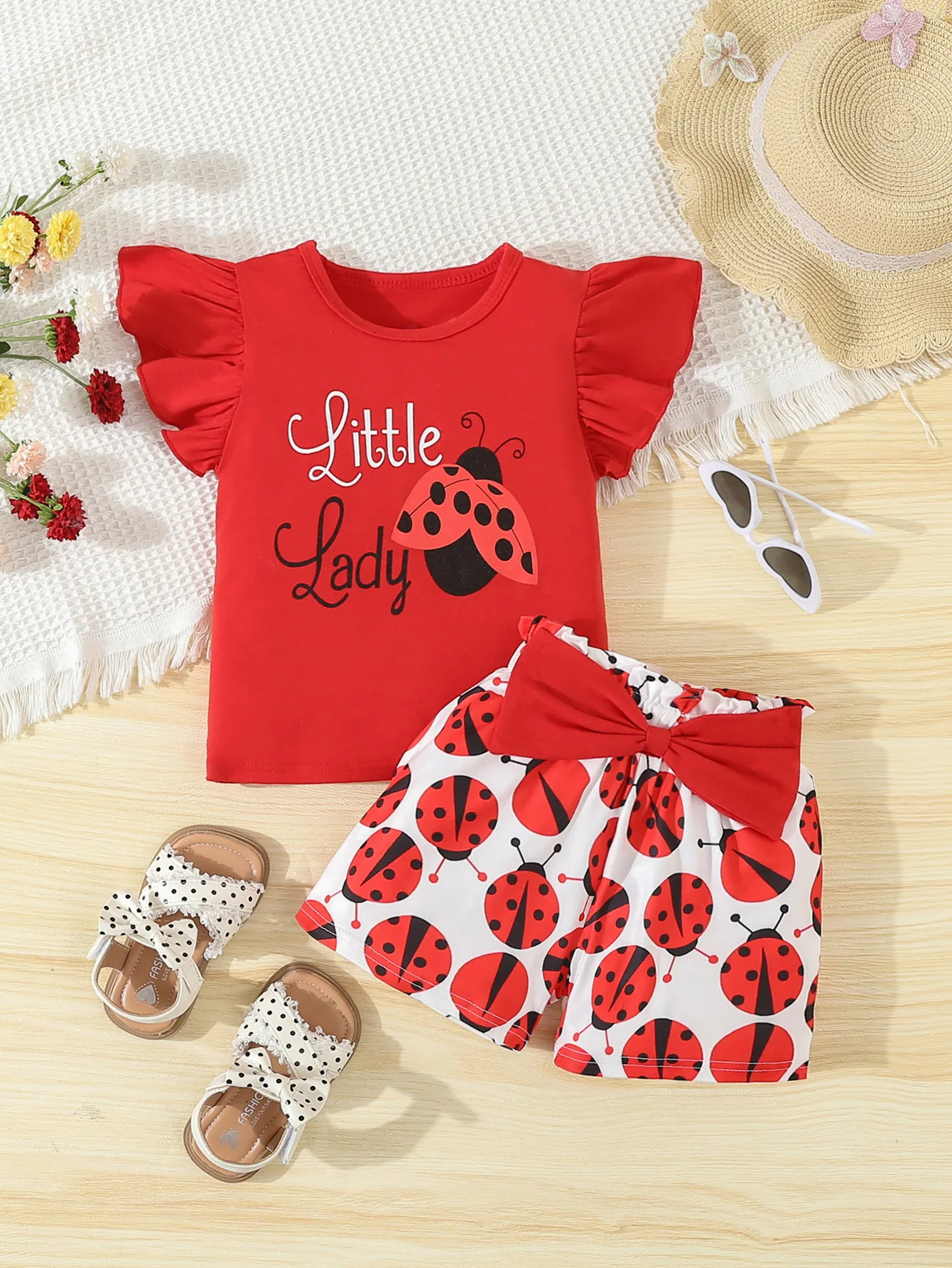 

Summer Adorable Ladybug Outfit 2pcs Set for Baby Girls Sleeveless T-shirt +Causal Shorts Infant Newborn Cute Baby Girl Clothes