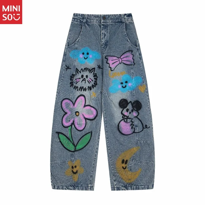 

Miniso забавные джинсы Kukri с мультяшным принтом для мужчин и женщин, свободные широкие брюки, нишевый дизайн, повседневные детские джинсы