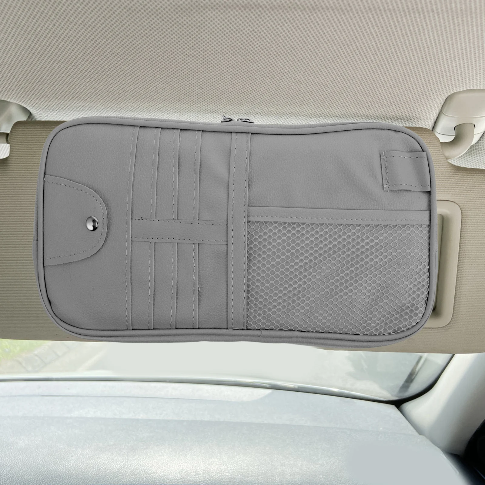 

Car Visor Organizer Storage Bag Large Capacity Grey Pu Pouch For Sunglasses Cards Documents Driver-Friendly