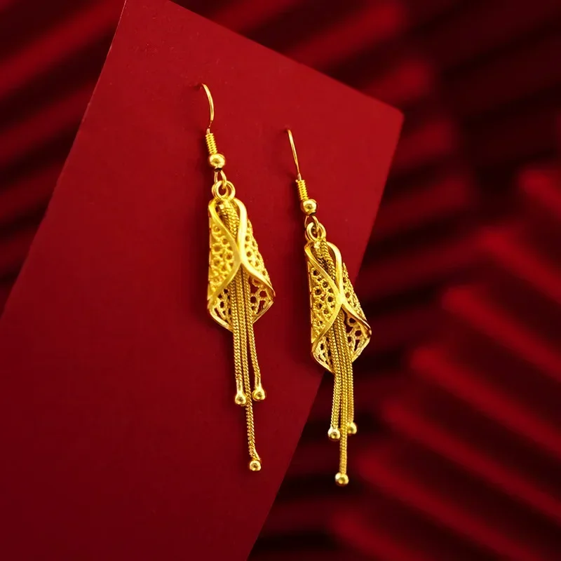 

9999 Real Gold 24K Women's Summer Cicada Crying Earrings Ethnic Style Hollow Leaves Gold Ear Hook Earrings