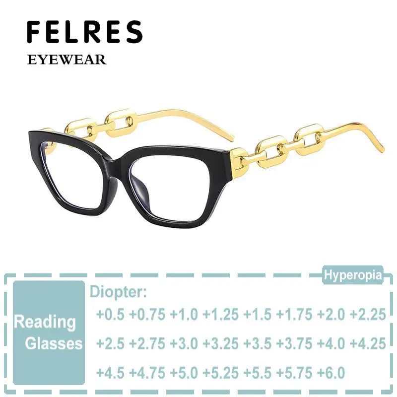 

Vintage GOLD Frame Clear Reading Glasses Women Sexy Cat Eye Anti Blue Light Glasses Luxury Designer Big Chain Presbyopia Glasses