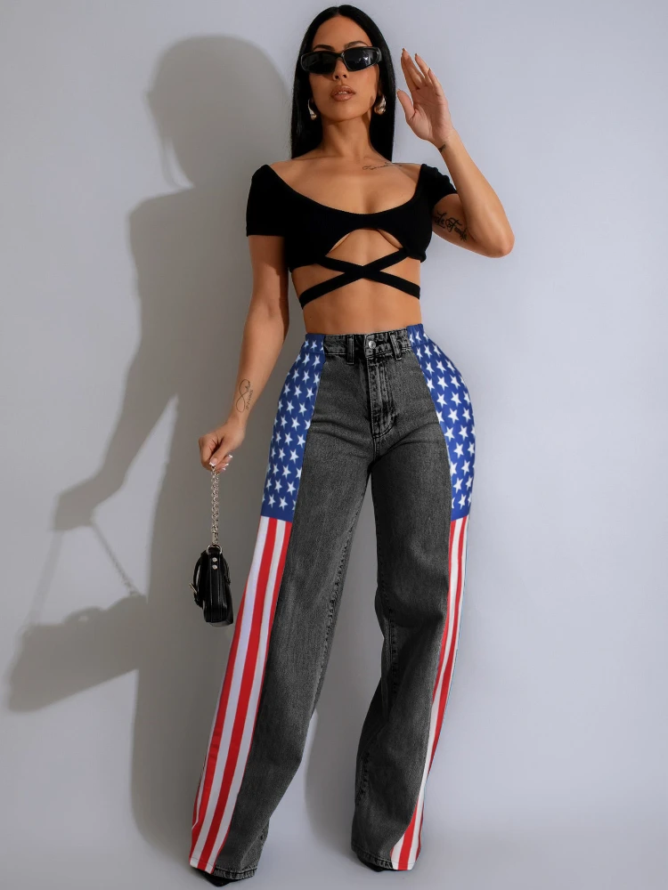 Leosoxs Amerikaanse vlag print dames baggy jeans streetwear y2k lange rechte broek hoog getailleerde elastische wijde pijpen denim broek