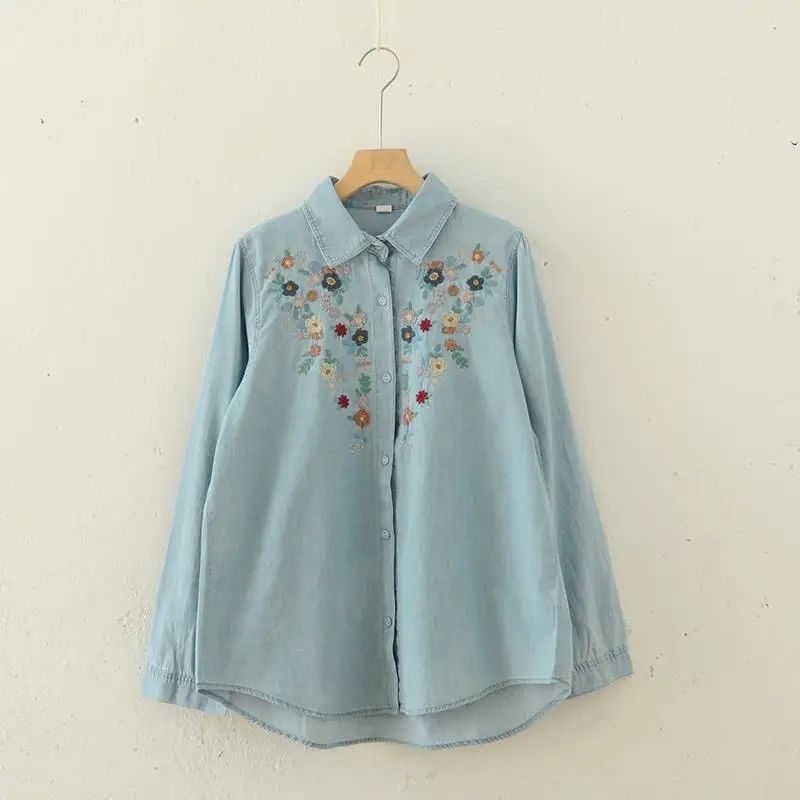 New Autumn Cotton Denim Shirts Women Basic Embroidery Top Girl Polo Collar Flower Long Sleeve Cute Casual Blouse Spring T39230QM