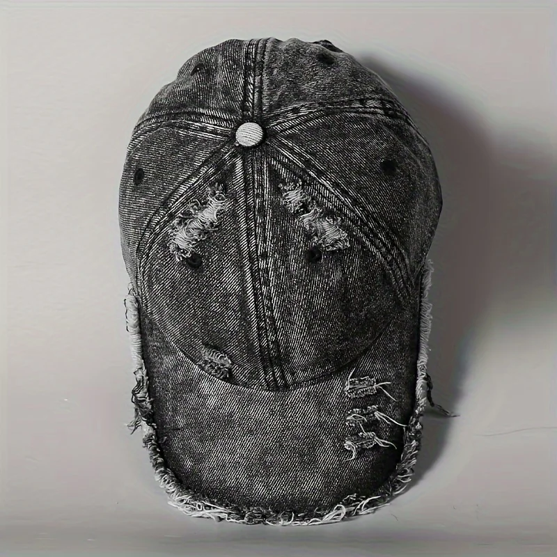 1 worn-out washed grey denim baseball cap with a seasonal large head, sun shading, vintage duckbill hat, casual hat