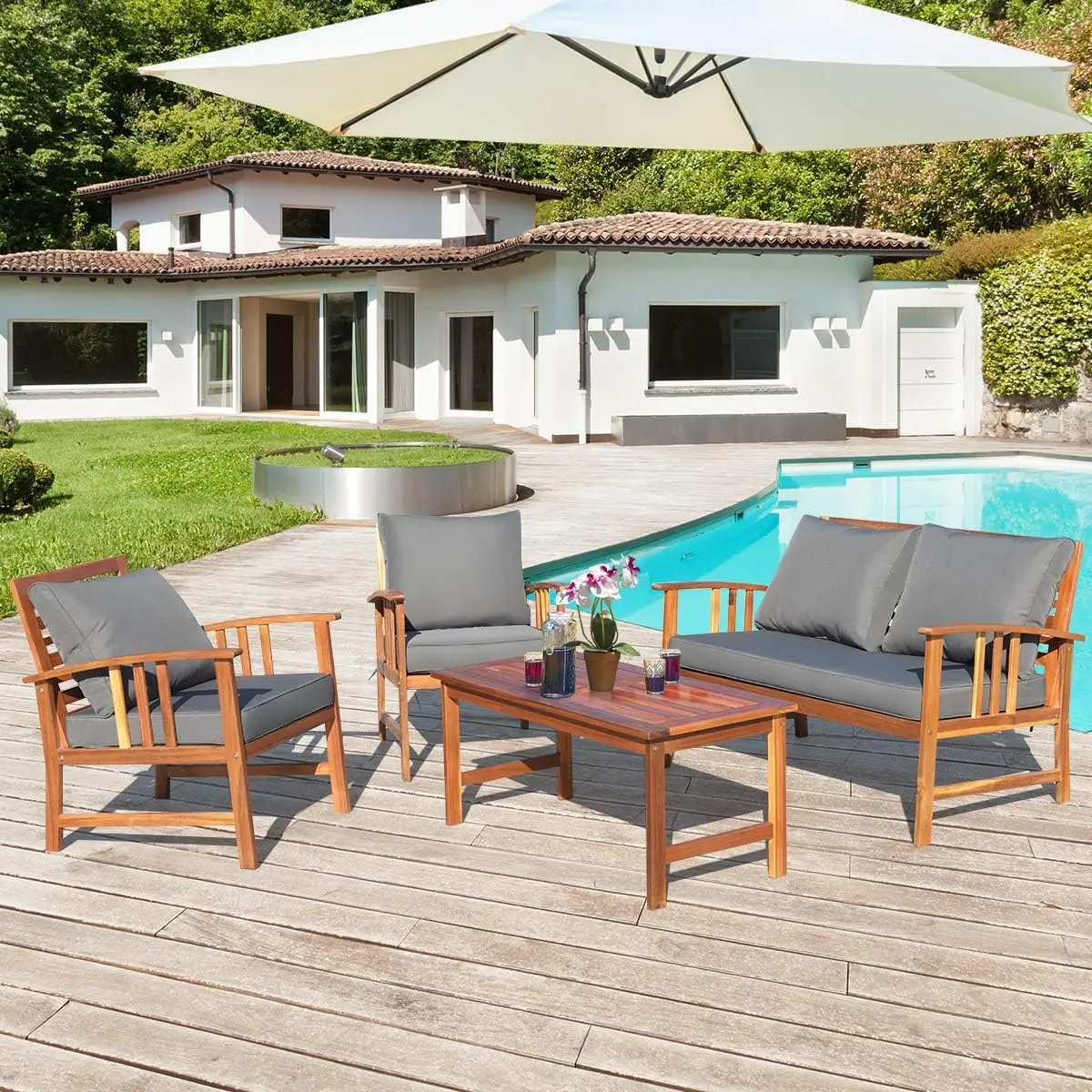 4 PCS Acacia Wood Patio Furniture Set, Outdoor Seating Chat Set with Gray Cushions & Back Pillow, Outdoor Conversation