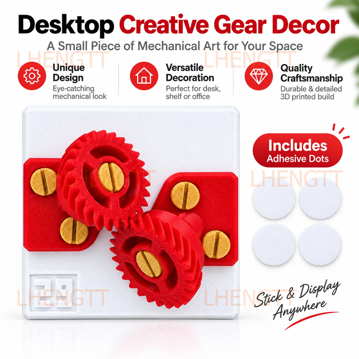 Creative Gear Desk Decor with 4 Adhesive Dots, Mechanical Style Desktop or Wall Accent for Office Home Shelf