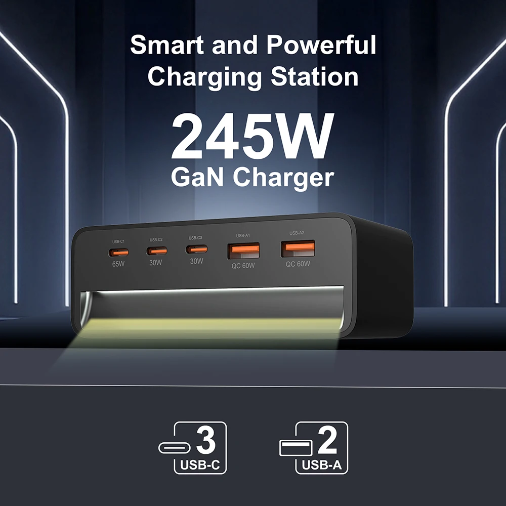 245W GaN Ladegerät 5-in-1 Desktop-Schnellladegerät mit Nachtlicht für iPhone 17 16 15 14 Pro Max Samsung Tablets iPad Mobiltelefone – Detail 2