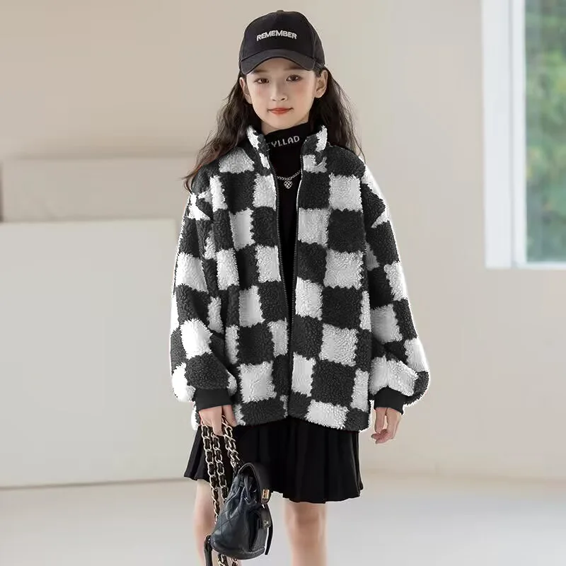 ZOETOPKID Children's Sets Autumn and Winter Checkerboard Loose Cardigan Sweater + Pleated Skirt Girls 2 Piece Set and Outfits