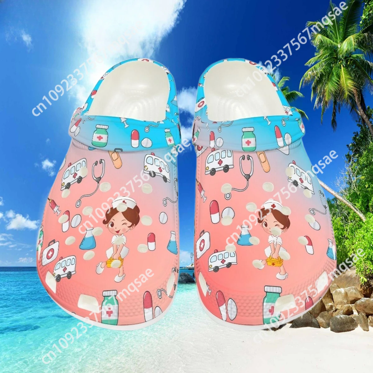 

Custom Hospital Work Nursing Shoes Women's Casual Clogs Gradient Color Cartoon Nure Medical Print Female Slippers Sandals