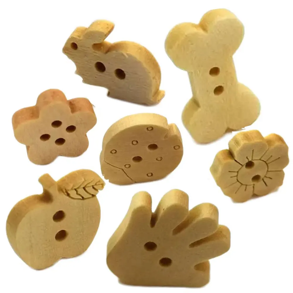 50PCS Wood Buttons Scrapbooking Crafts Apple Leaf Bear Head Bone Palm Plum Blossom Rabbit Butterfly Wooden Button 2 Holes Button